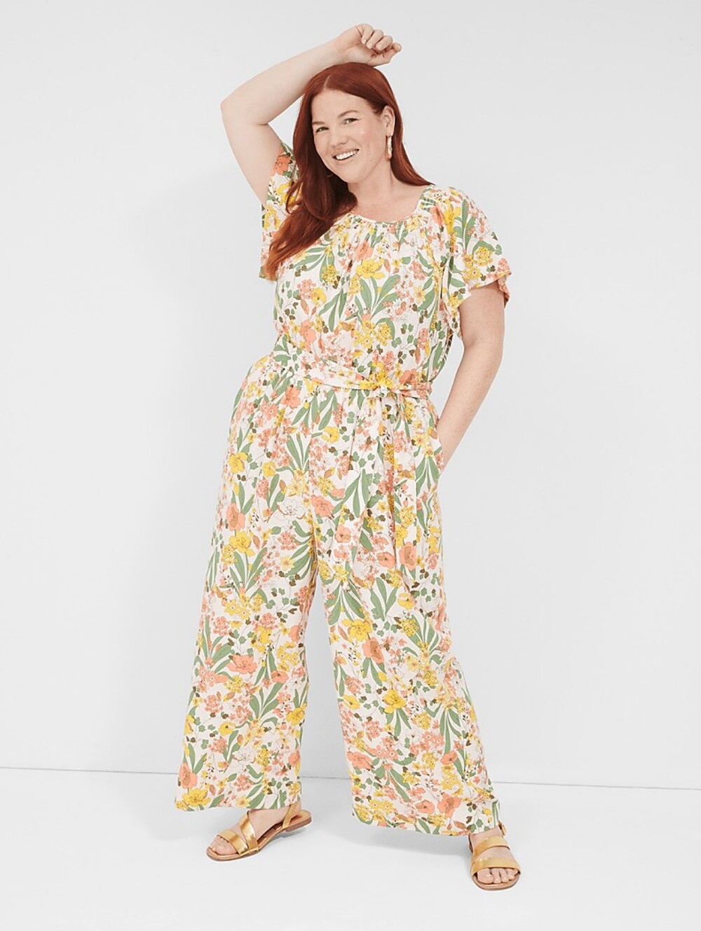 Lane Bryant Flutter Sleeve Smocked Neck Wide Leg Linen Jumpsuit Womens Size 16
